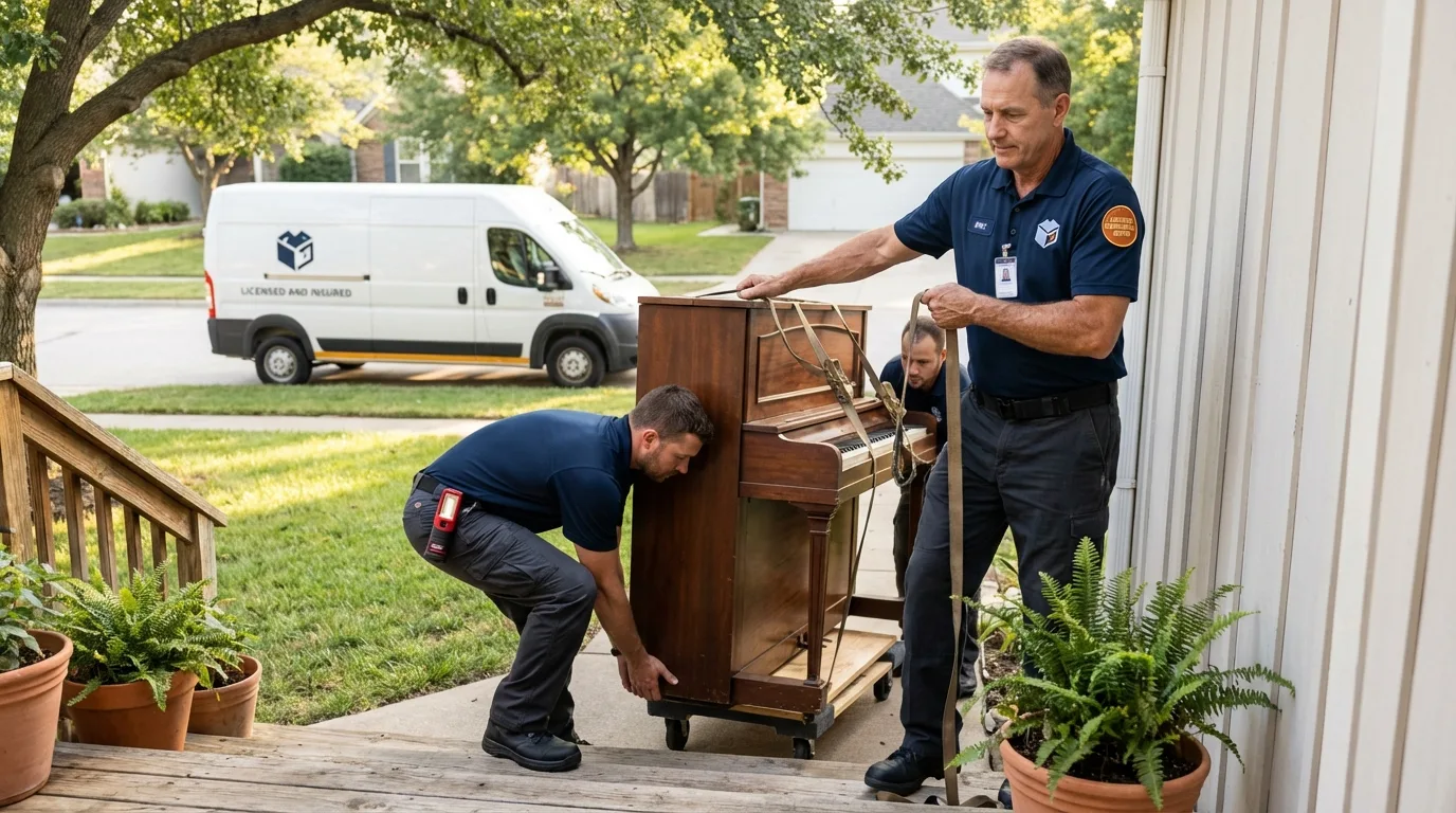 Licensed piano movers securing grand piano in Pullman, WA