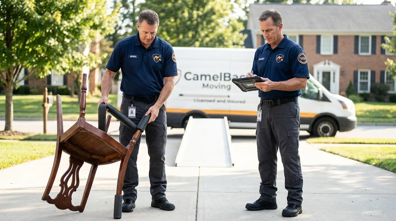 Movers inspecting furniture for damage prevention before loading in Pullman, WA