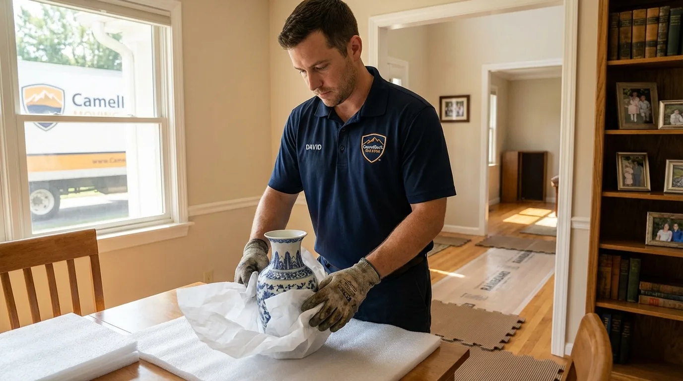 Professional crew carefully wrapping antique vase for senior downsizing move in Pullman, WA